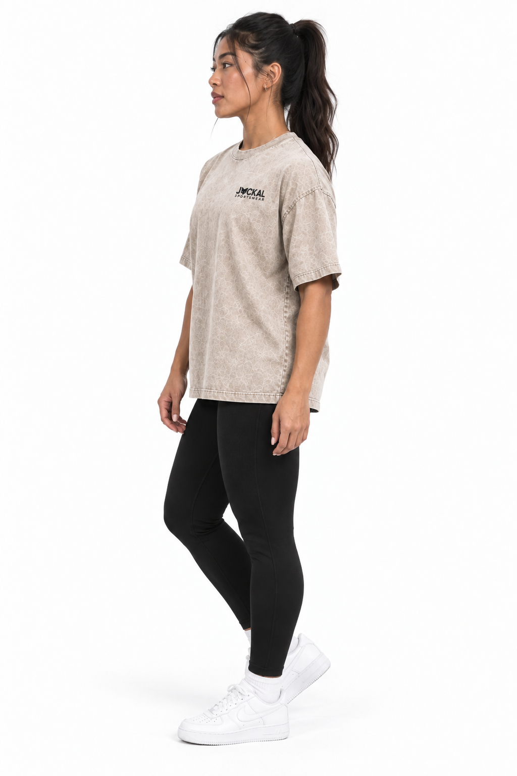 Jackal Sportswear women's Utility stone oversized T-shirt side view