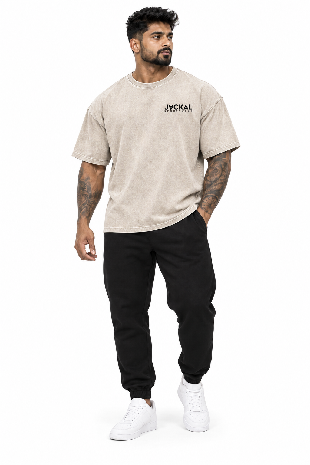 Jackal Sportswear men's Discipline stone oversized T-shirt front view