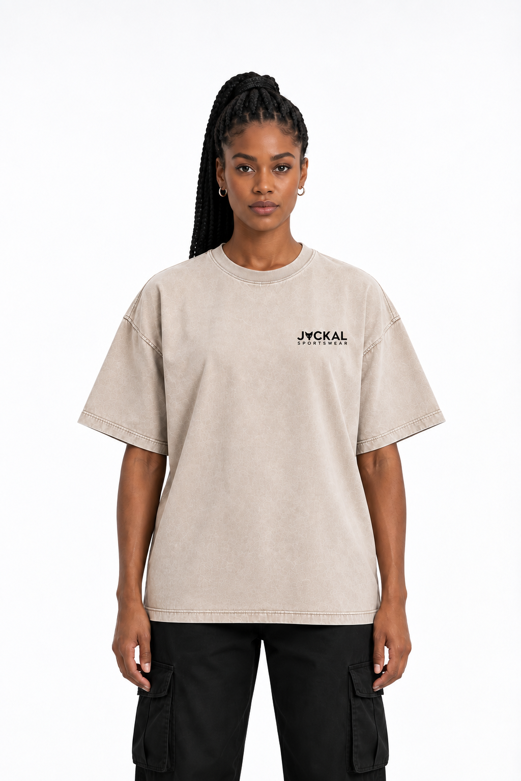 Jackal Sportswear women’s stone oversized T-shirt front graphic view