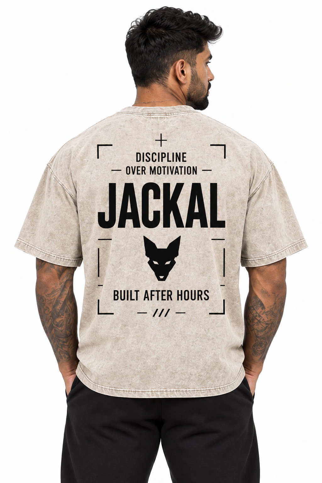 Jackal Sportswear men's Discipline stone oversized T-shirt rear graphic view