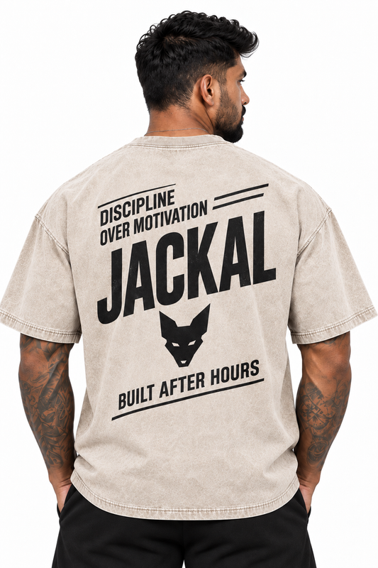 Jackal Sportswear men's Utility stone oversized T-shirt rear graphic view