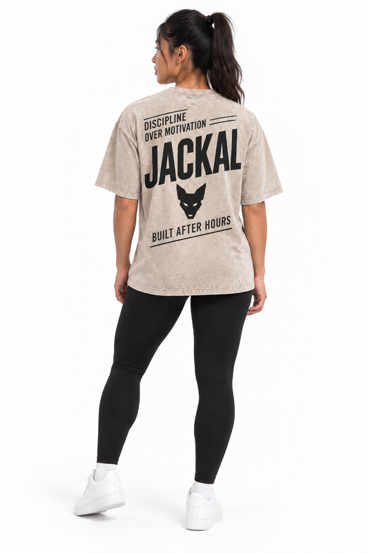 Jackal Sportswear women's Utility stone oversized T-shirt rear graphic view