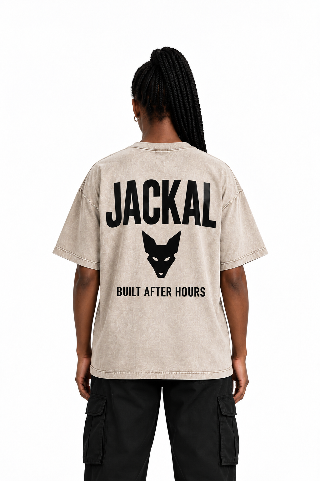Jackal Sportswear women’s stone oversized T-shirt rear graphic view