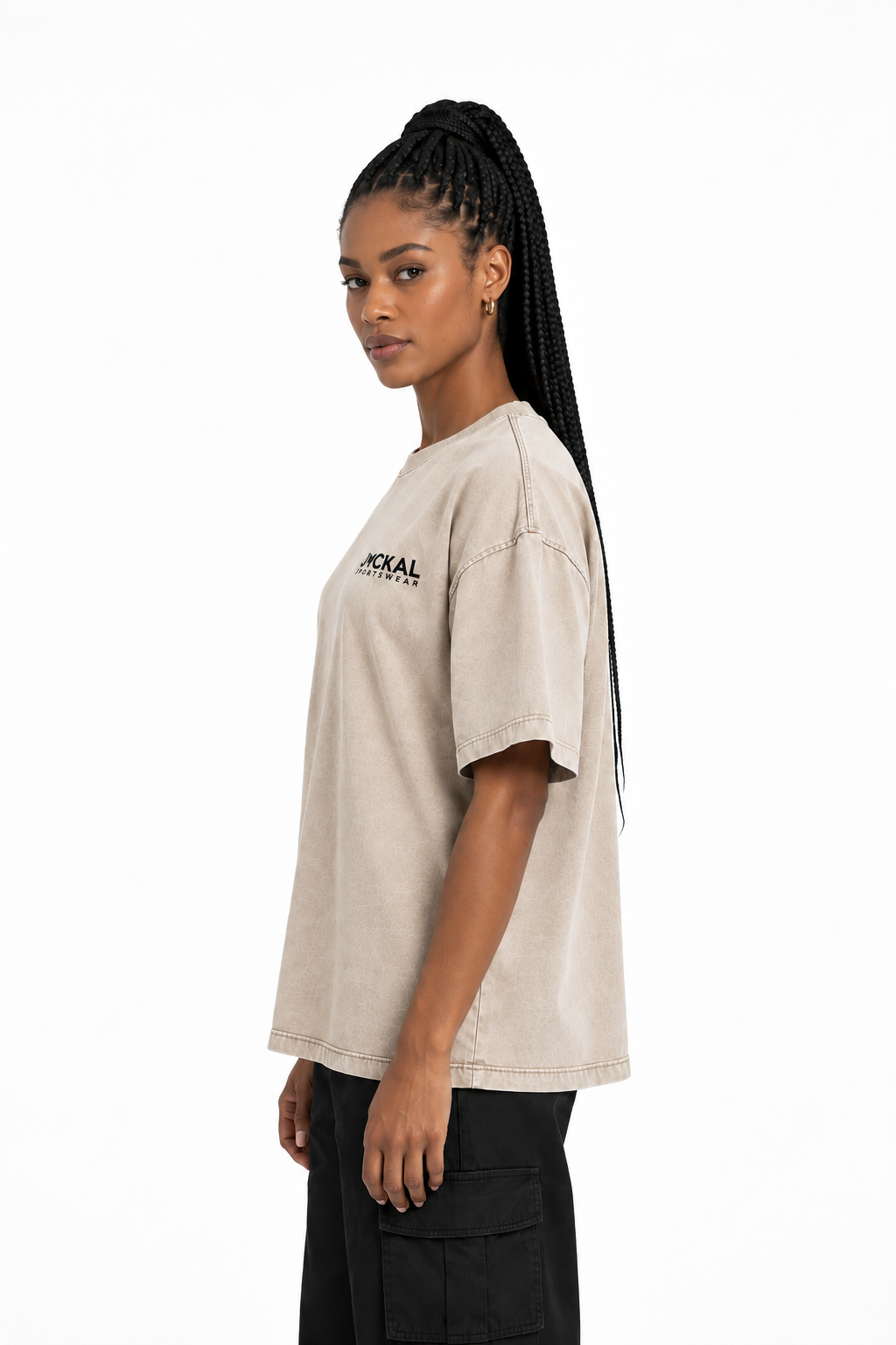 Jackal Sportswear women’s stone oversized T-shirt side view